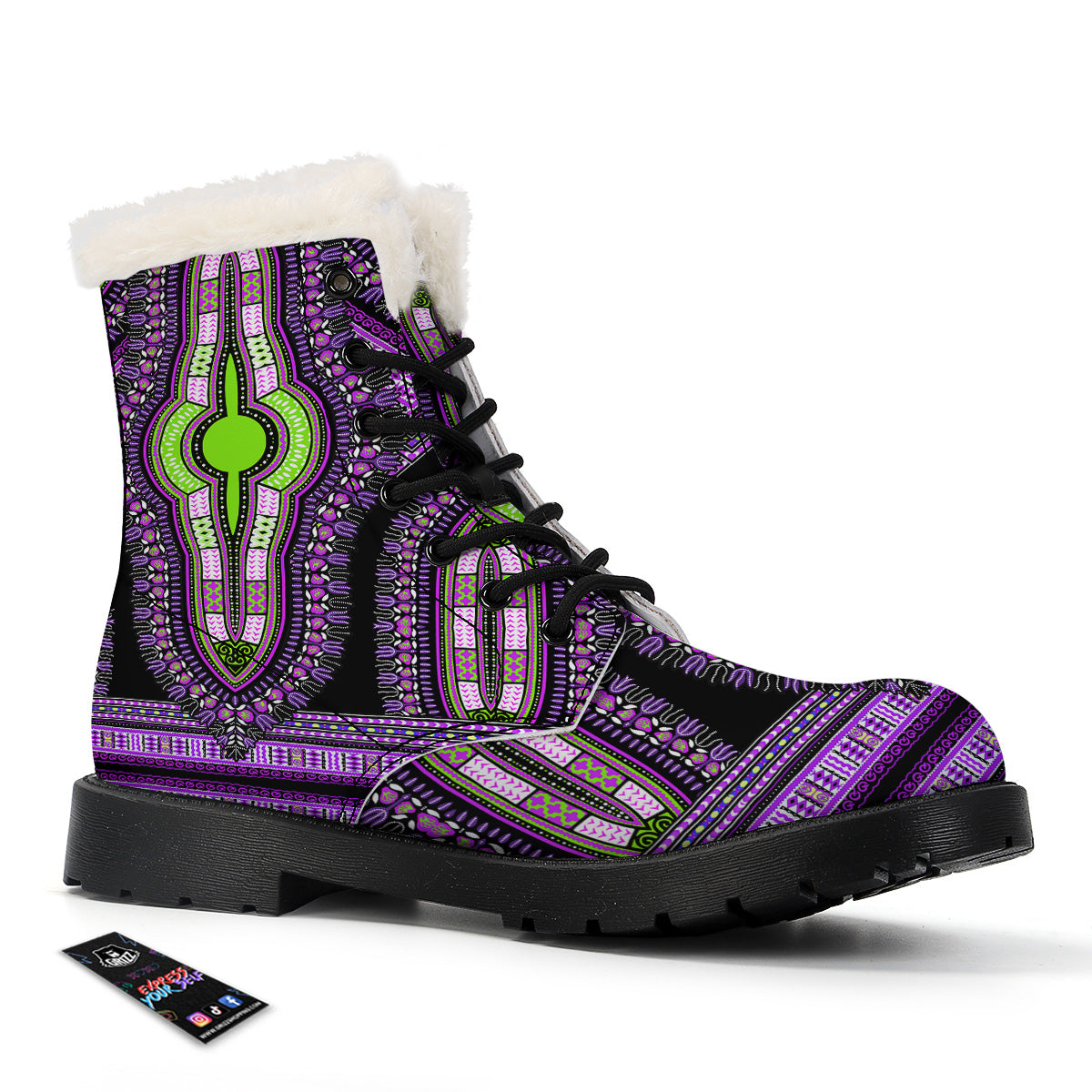 African Dashiki Purple And Black Print Winter Boots-grizzshop