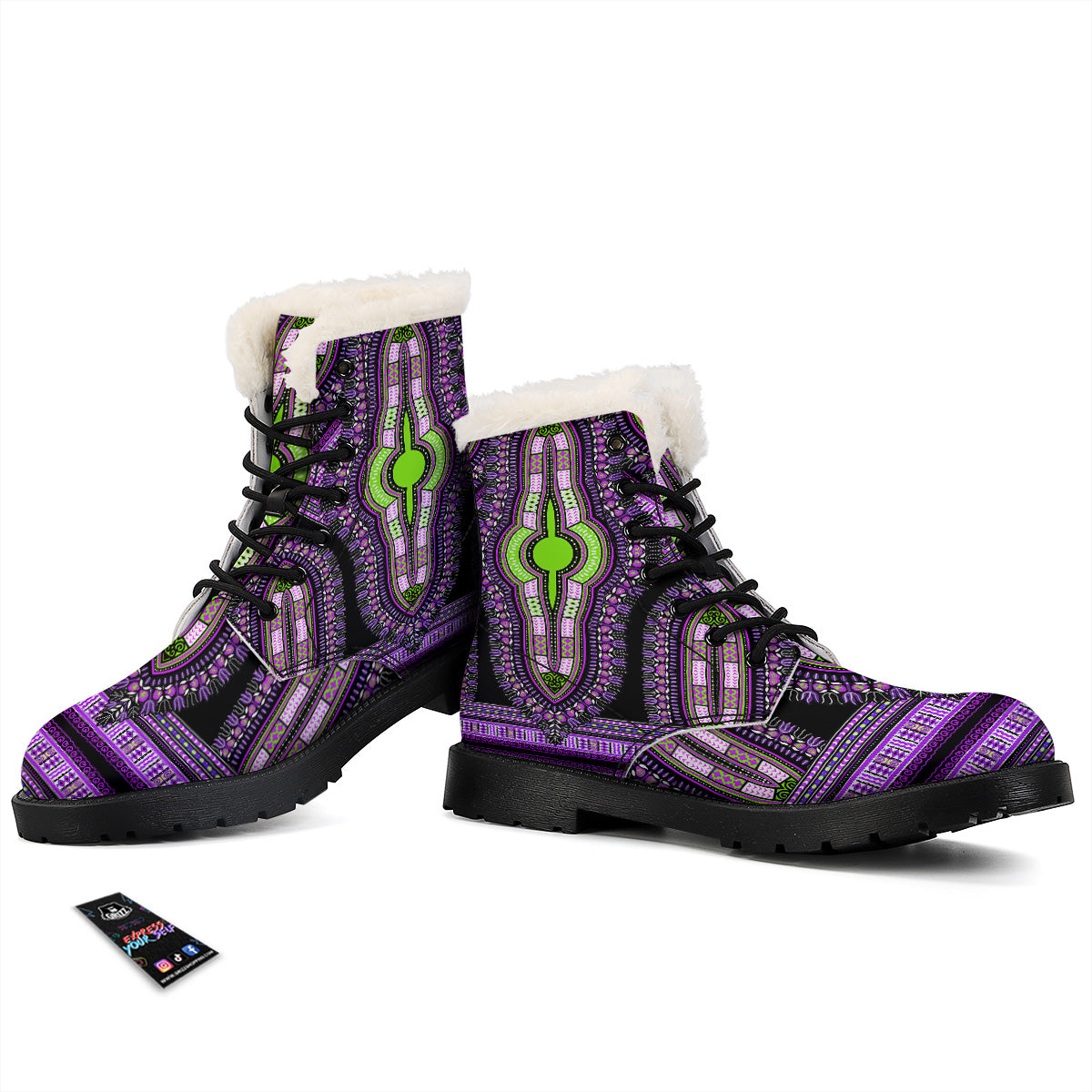 African Dashiki Purple And Black Print Winter Boots-grizzshop