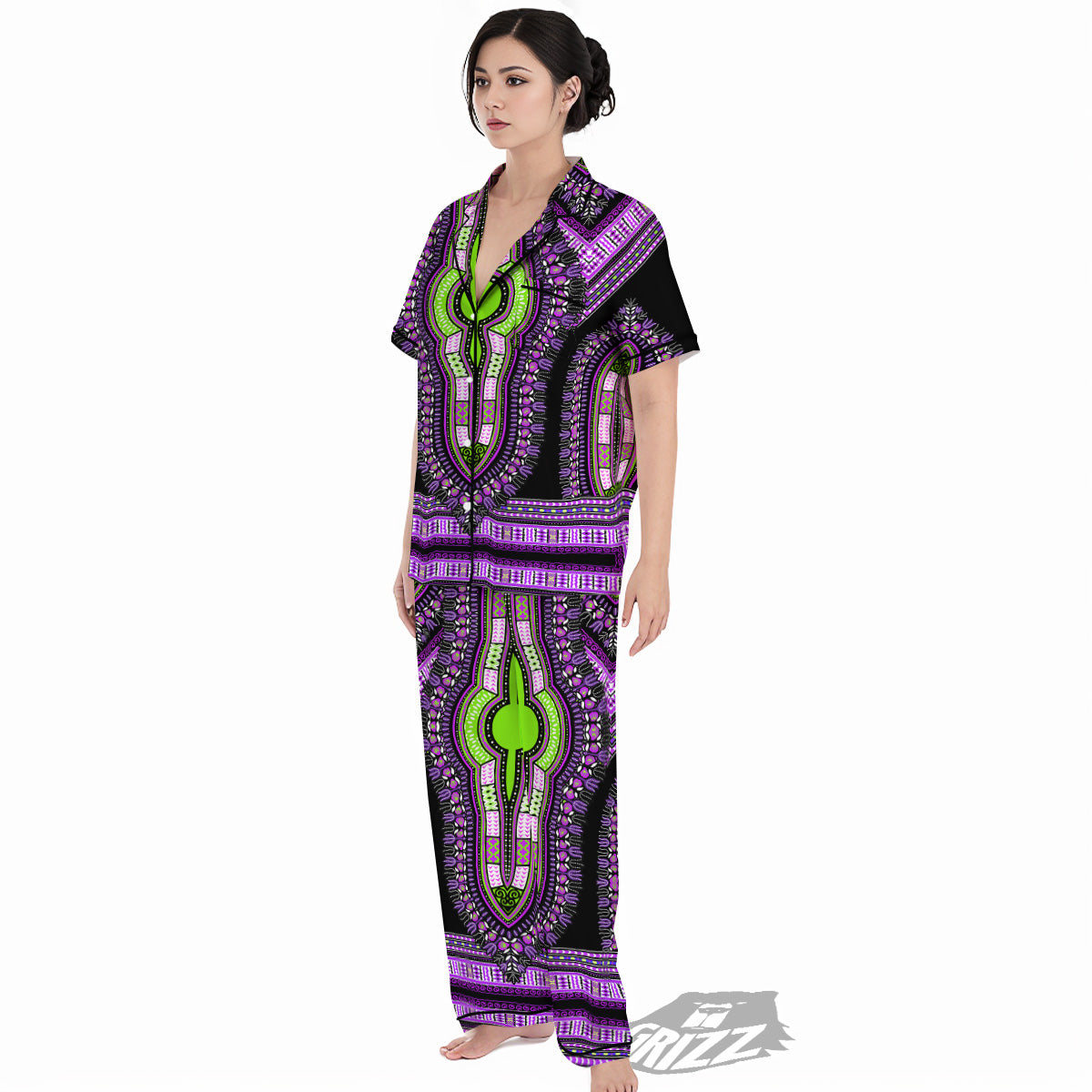 African Dashiki Purple And Black Print Women's Pajamas Set-grizzshop