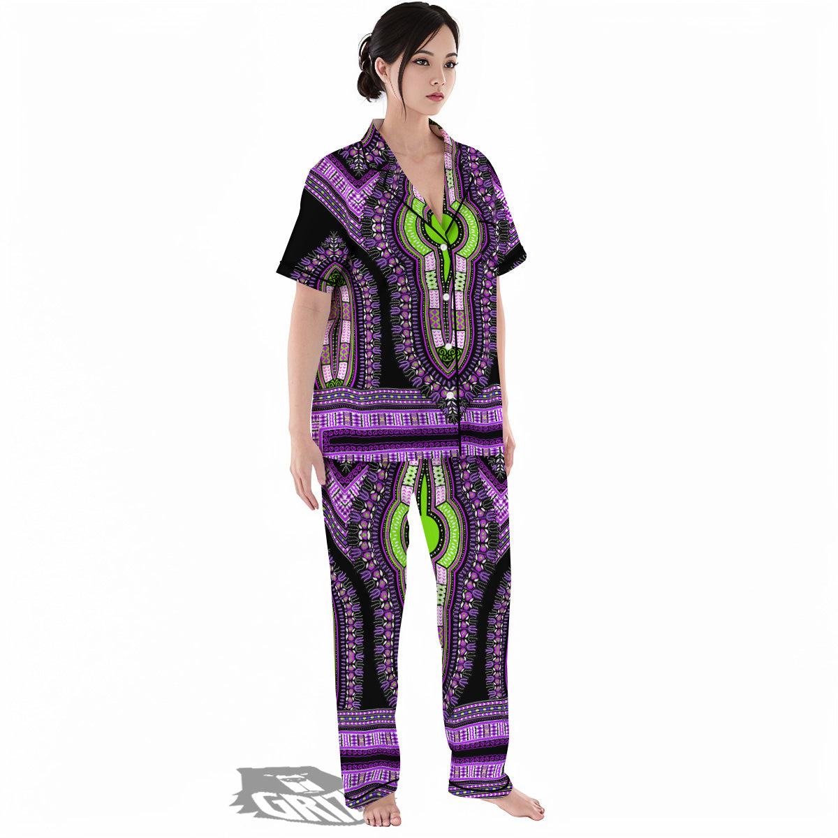 African Dashiki Purple And Black Print Women's Pajamas Set-grizzshop