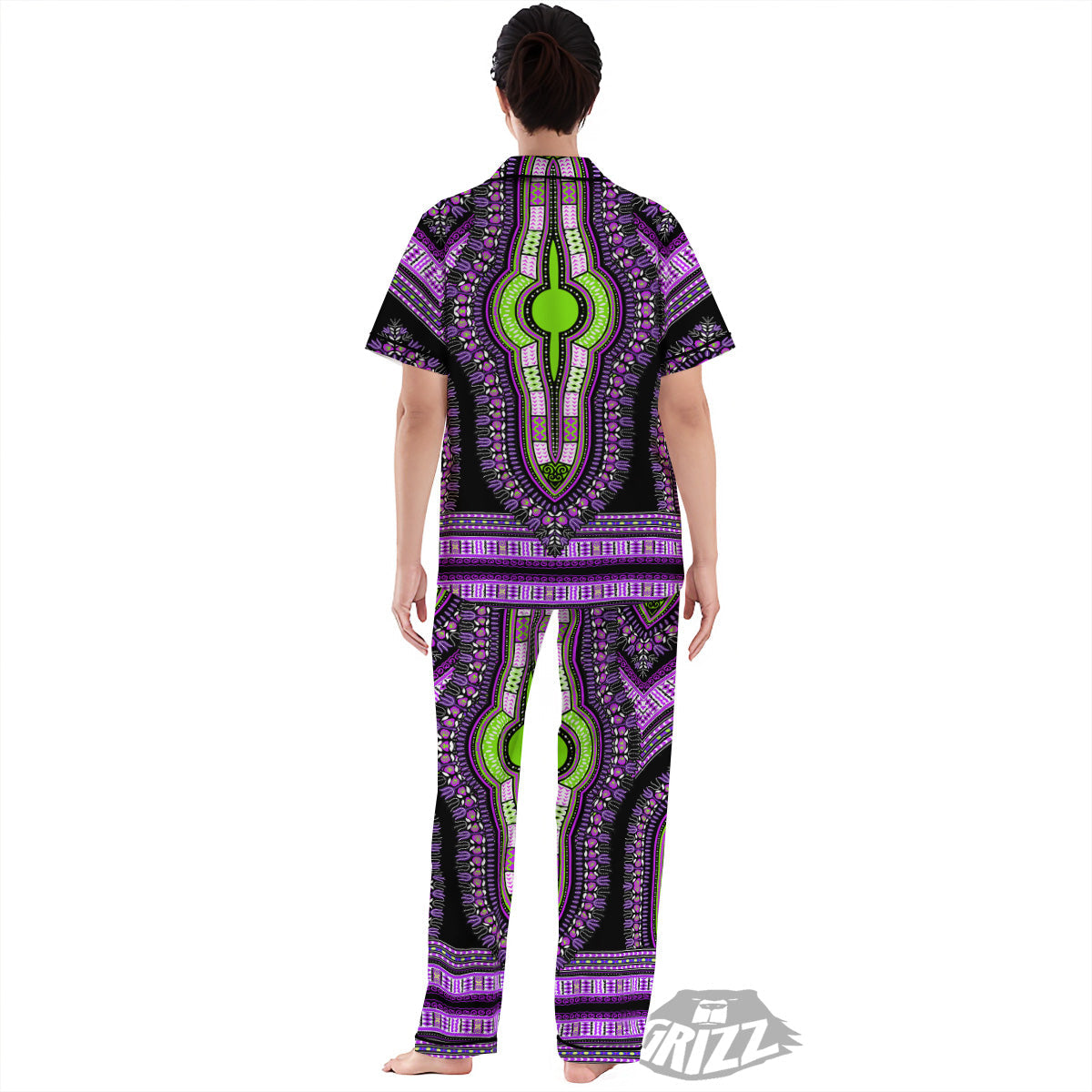 African Dashiki Purple And Black Print Women's Pajamas Set-grizzshop