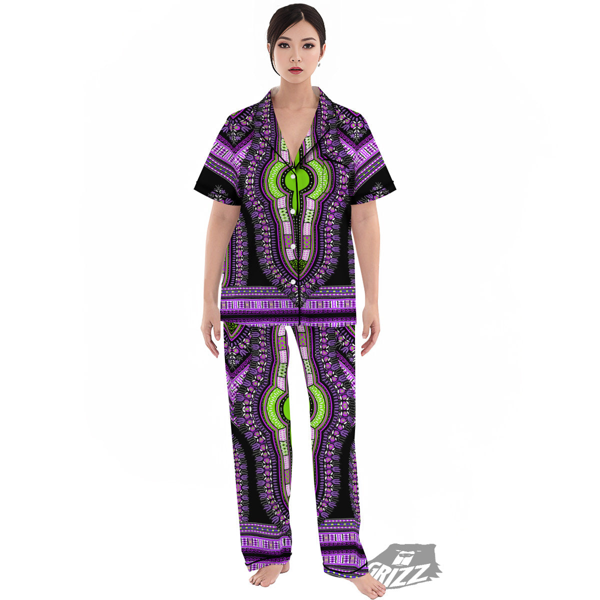 African Dashiki Purple And Black Print Women's Pajamas Set-grizzshop