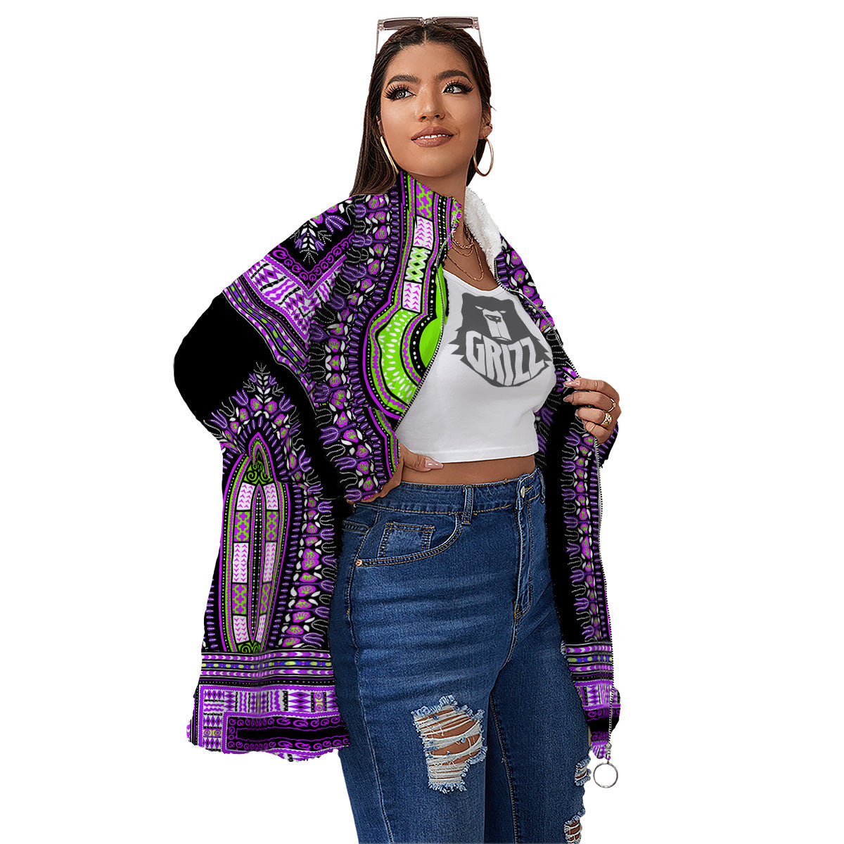 African Dashiki Purple And Black Print Women's Sherpa Jacket-grizzshop
