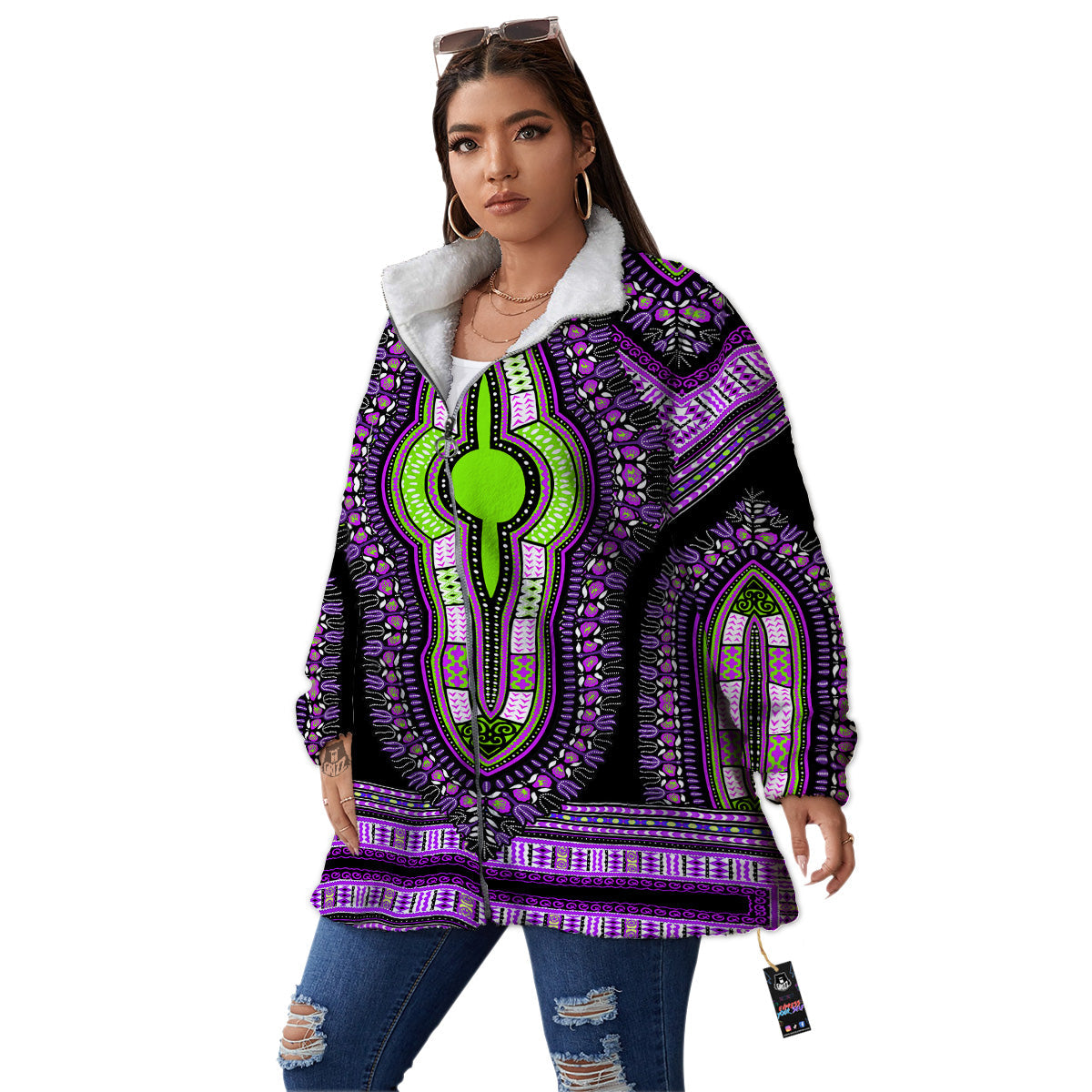 African Dashiki Purple And Black Print Women's Sherpa Jacket-grizzshop