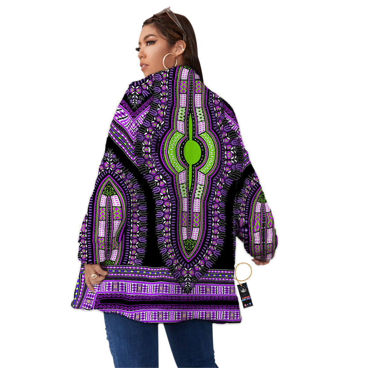 African Dashiki Purple And Black Print Women's Sherpa Jacket-grizzshop