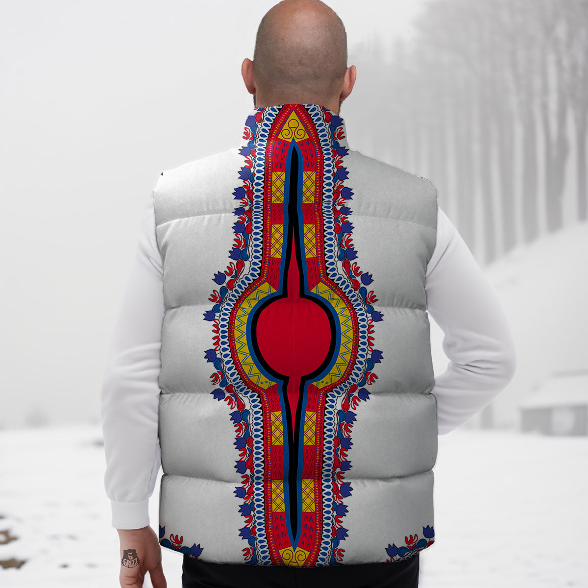 African Dashiki White And Red Print Down Vest