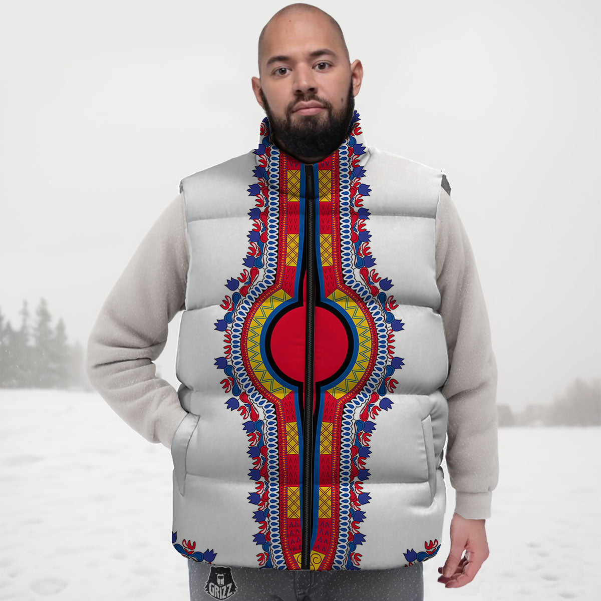 African Dashiki White And Red Print Down Vest