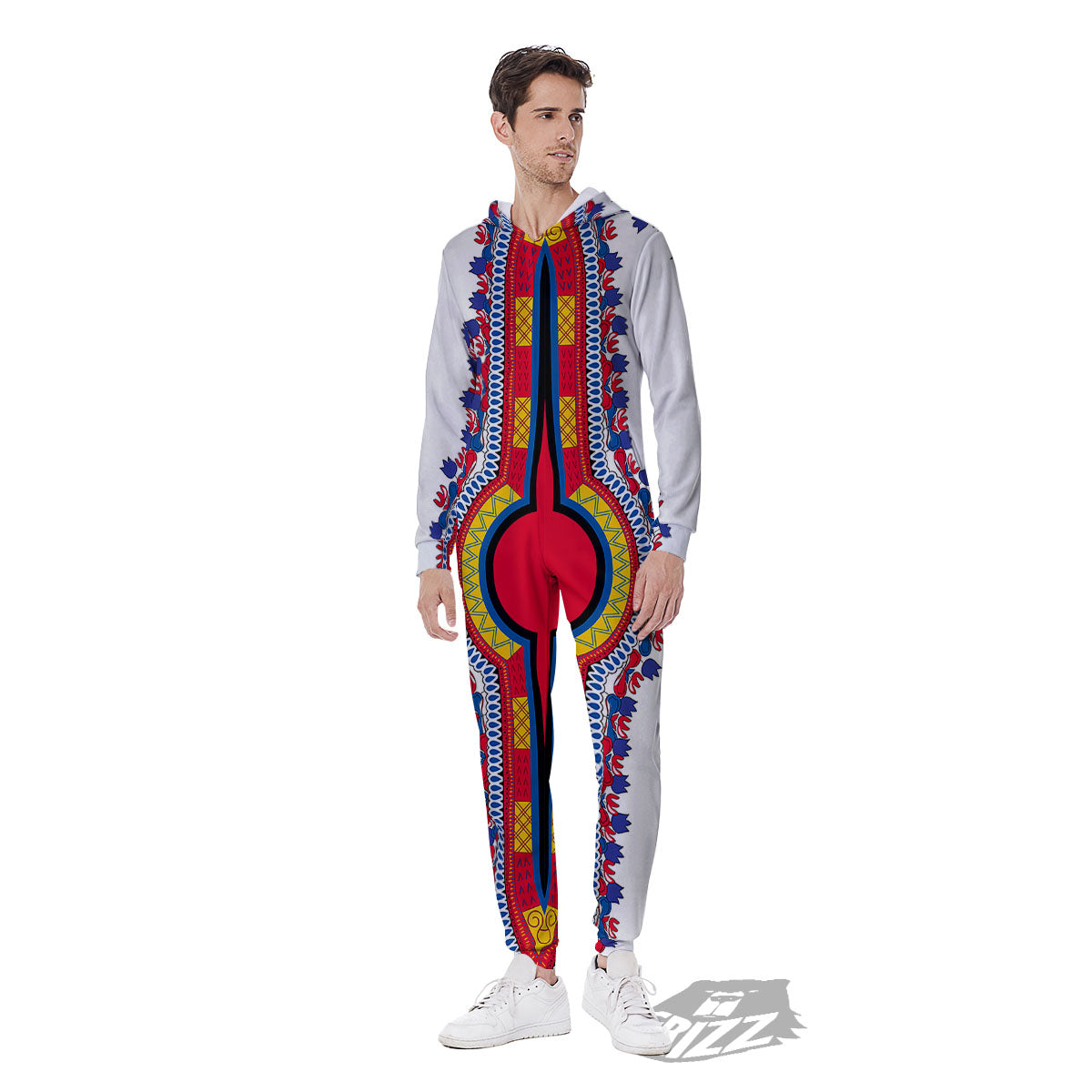 African Dashiki White And Red Print Men's Jumpsuit-grizzshop
