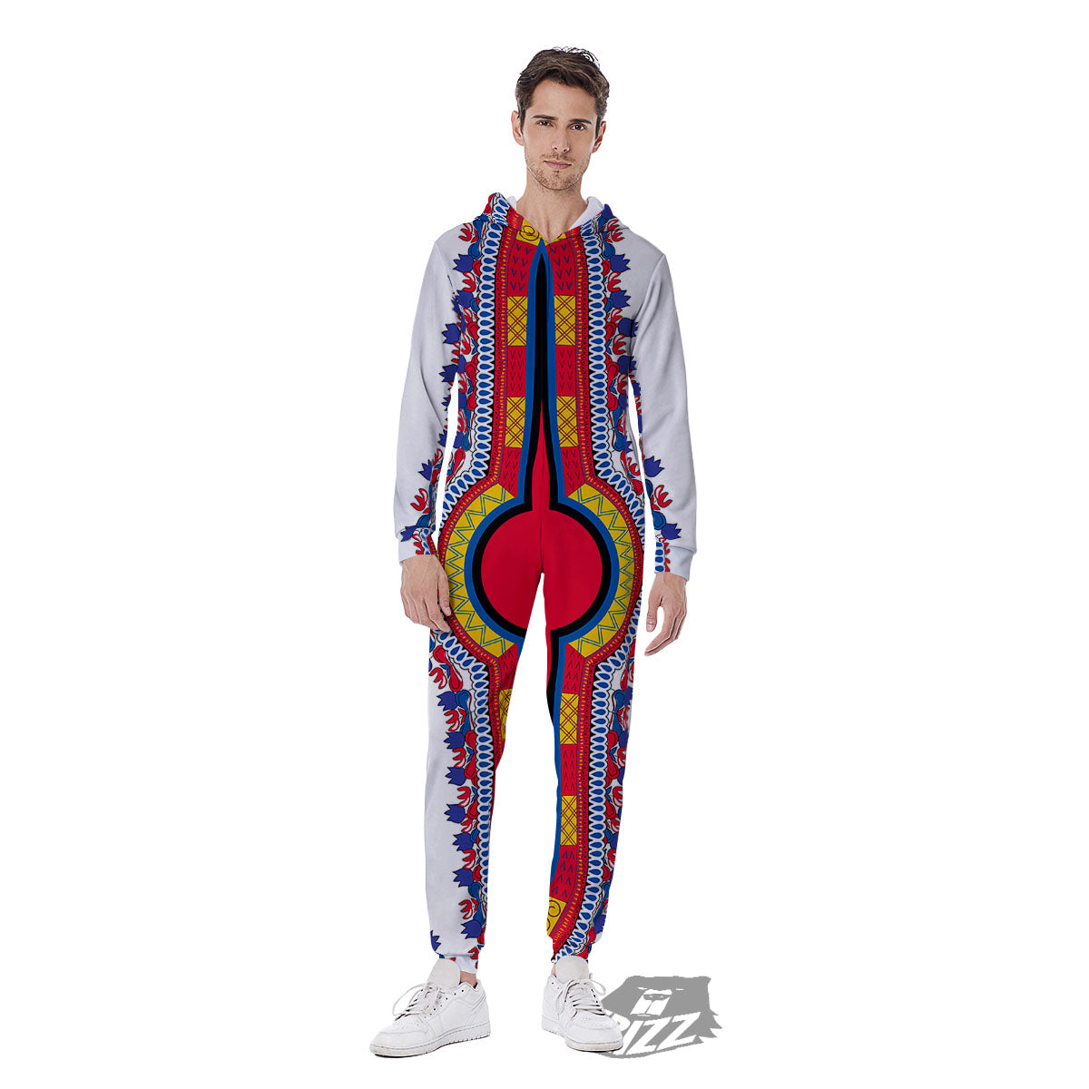 African Dashiki White And Red Print Men's Jumpsuit-grizzshop