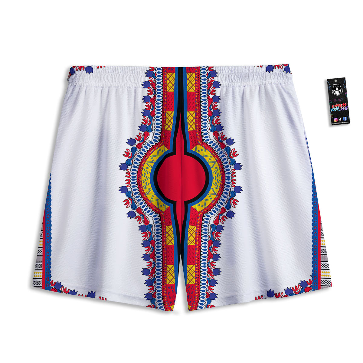 African Dashiki White And Red Print Mesh Shorts