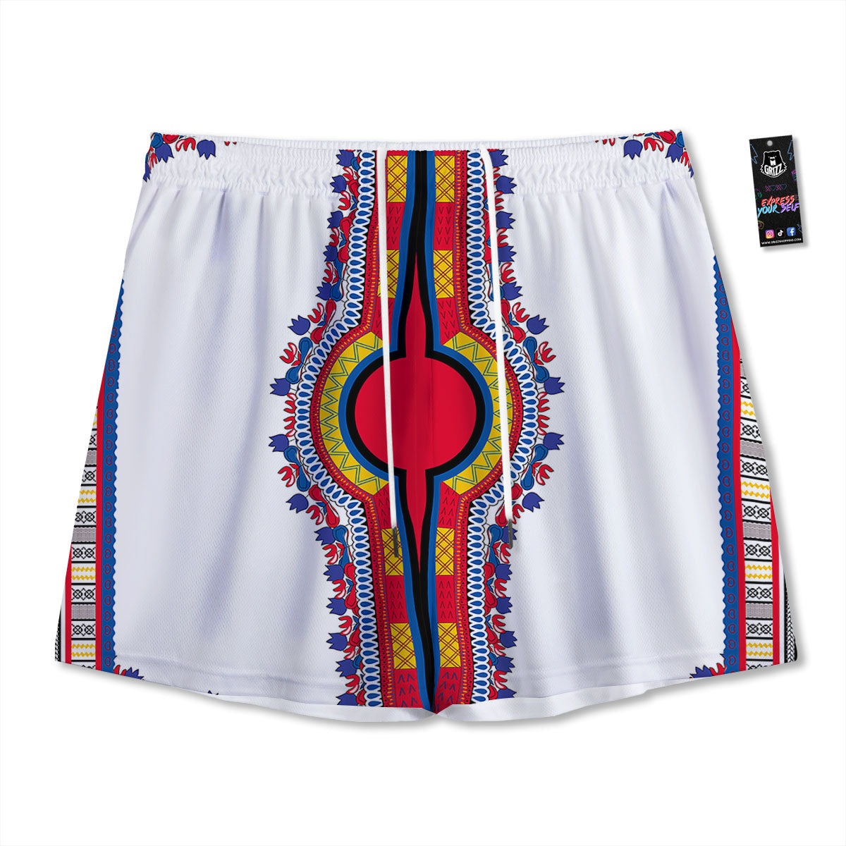 African Dashiki White And Red Print Mesh Shorts
