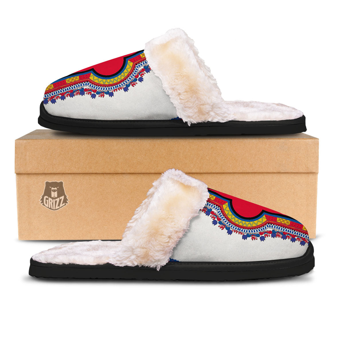 African Dashiki White And Red Print Slippers-grizzshop