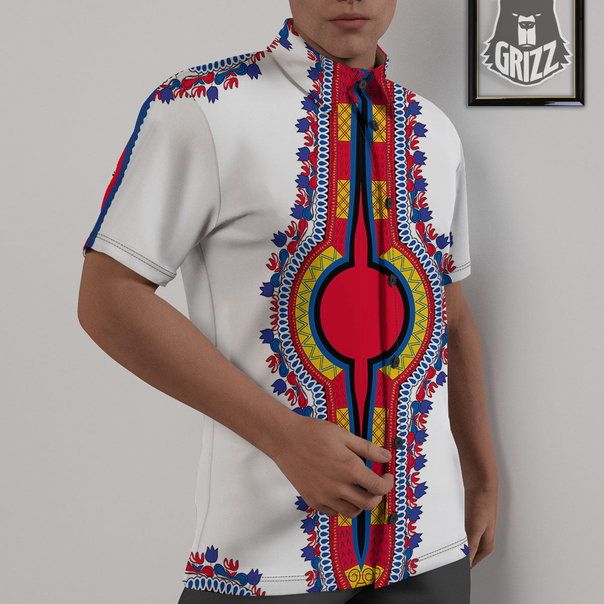 African Dashiki White And Red Print Untucked Shirts-grizzshop