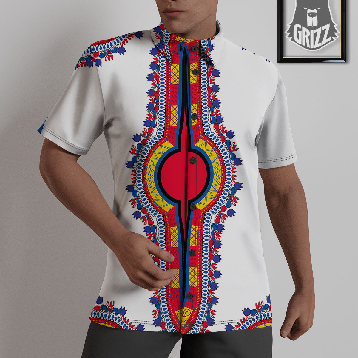African Dashiki White And Red Print Untucked Shirts-grizzshop