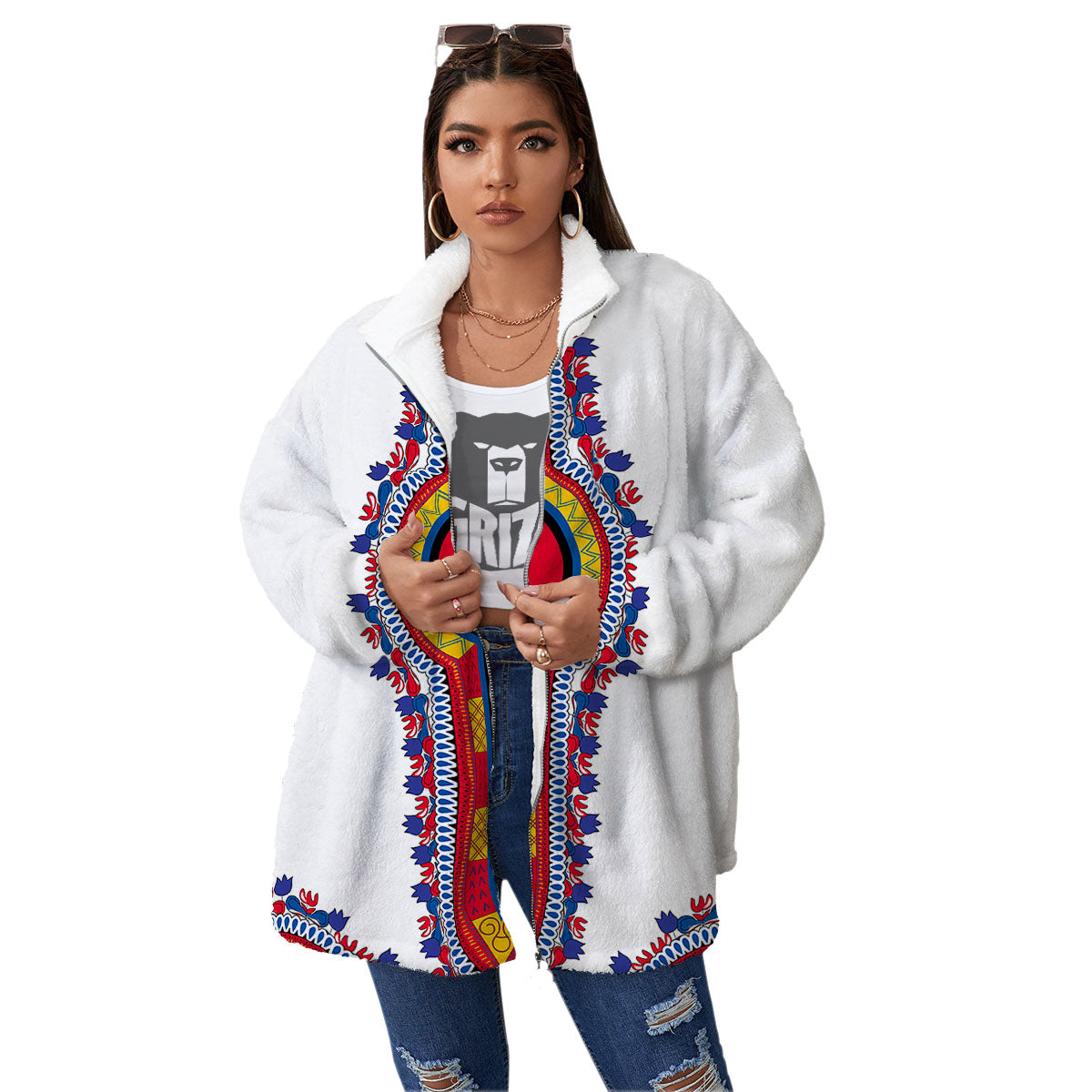 African Dashiki White And Red Print Women's Sherpa Jacket-grizzshop