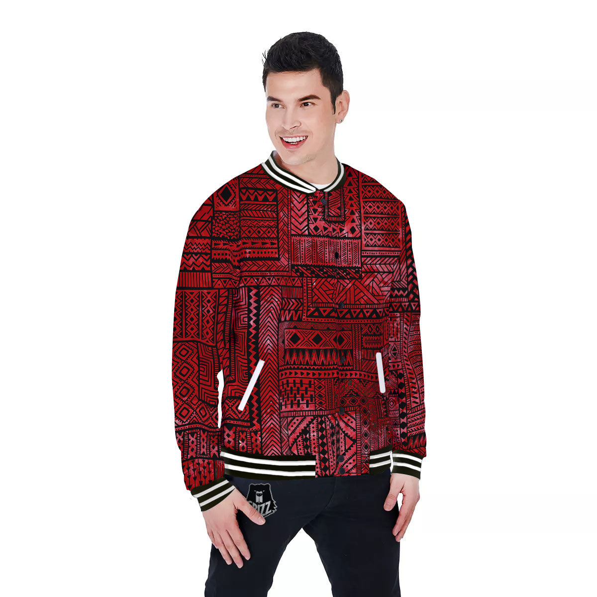 African Ethnic Black And Red Print Baseball Jacket-grizzshop