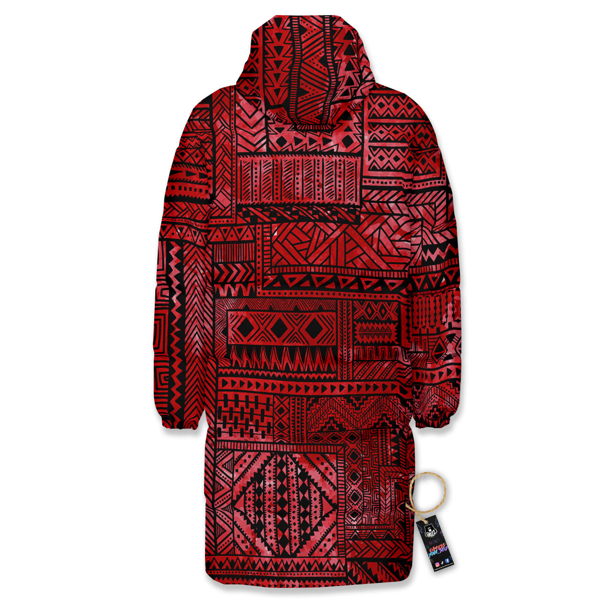 African Ethnic Black And Red Print Long Down Jacket-grizzshop