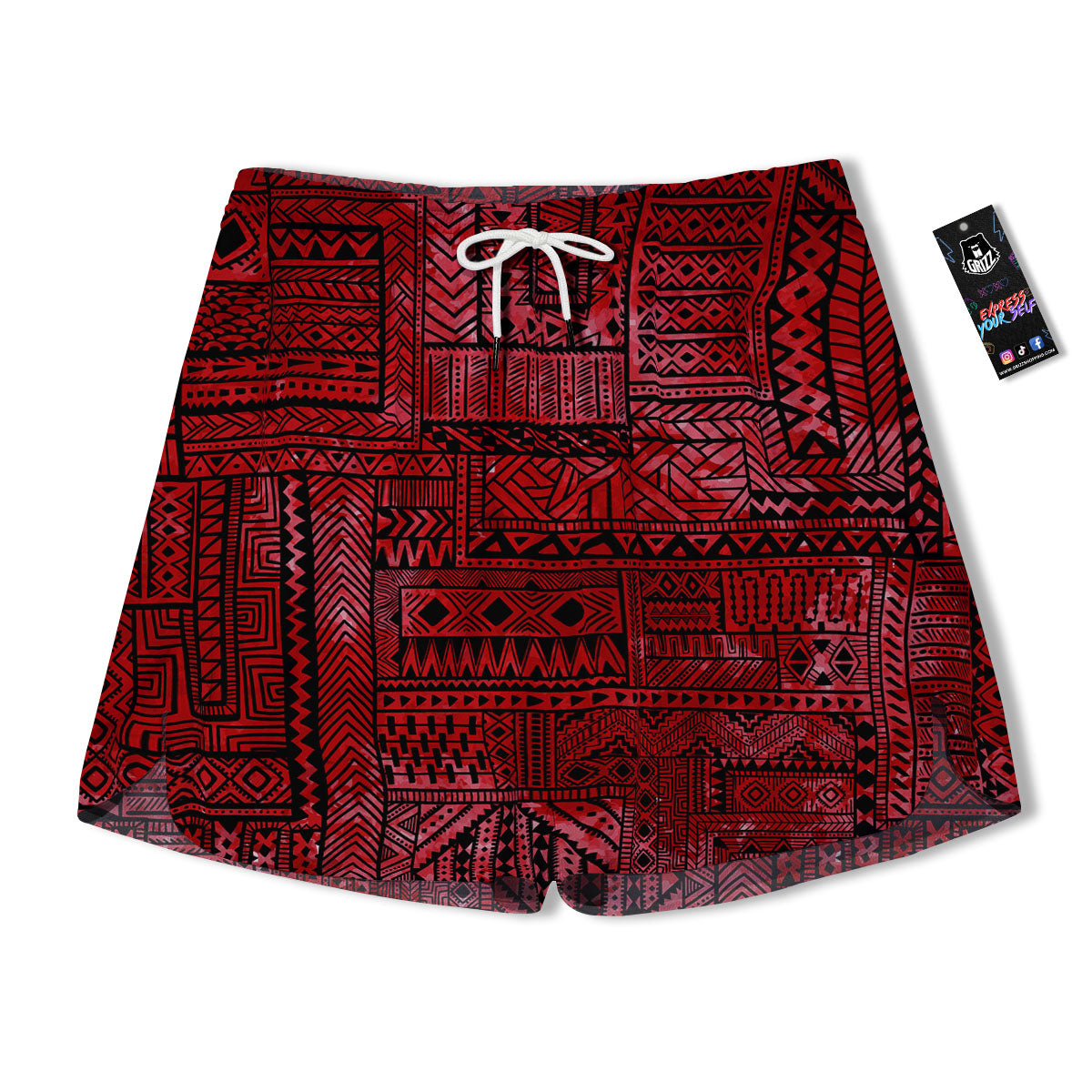 African Ethnic Black And Red Print Men's Running Shorts-grizzshop