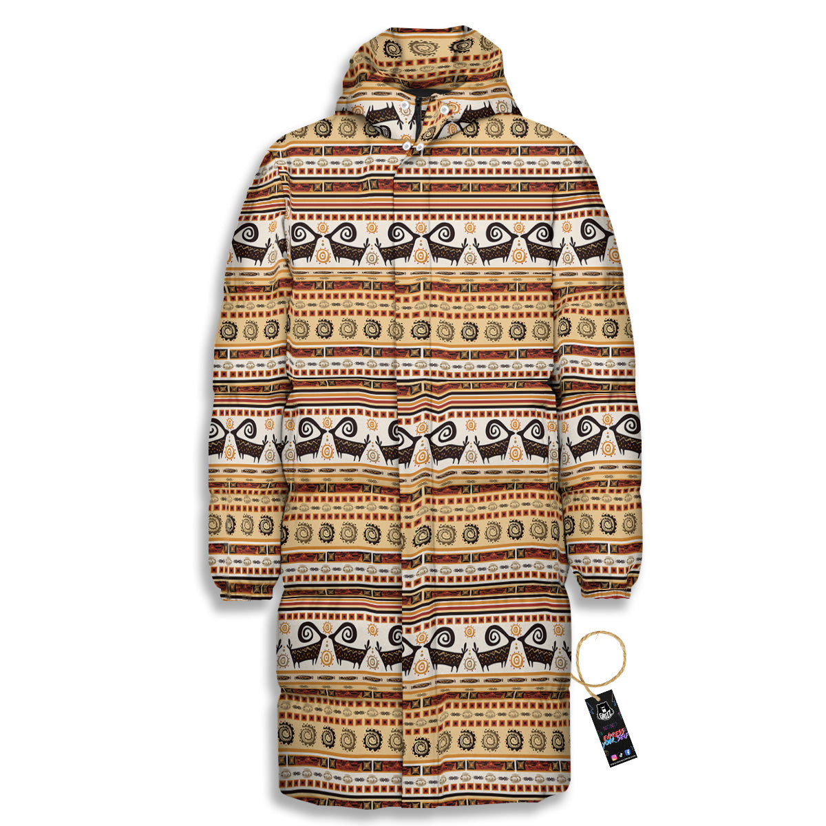 African Ethnic Brown Print Pattern Long Down Jacket-grizzshop