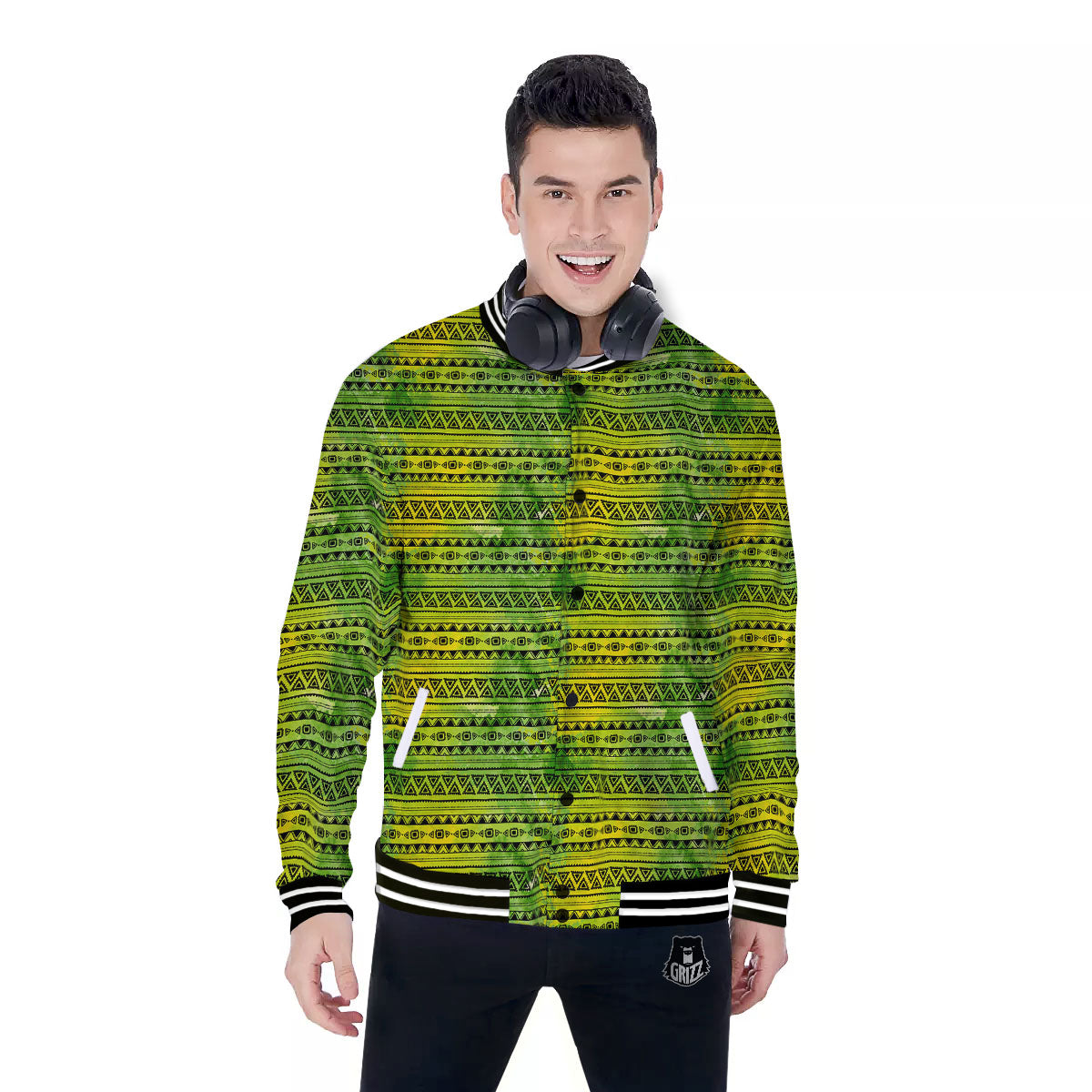 African Ethnic Green Print Baseball Jacket-grizzshop