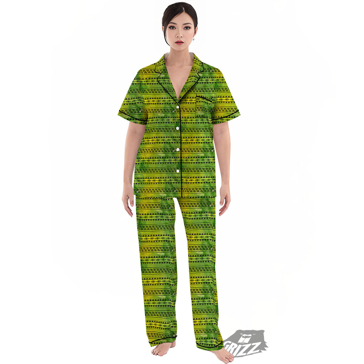 African Ethnic Green Print Women's Pajamas Set-grizzshop