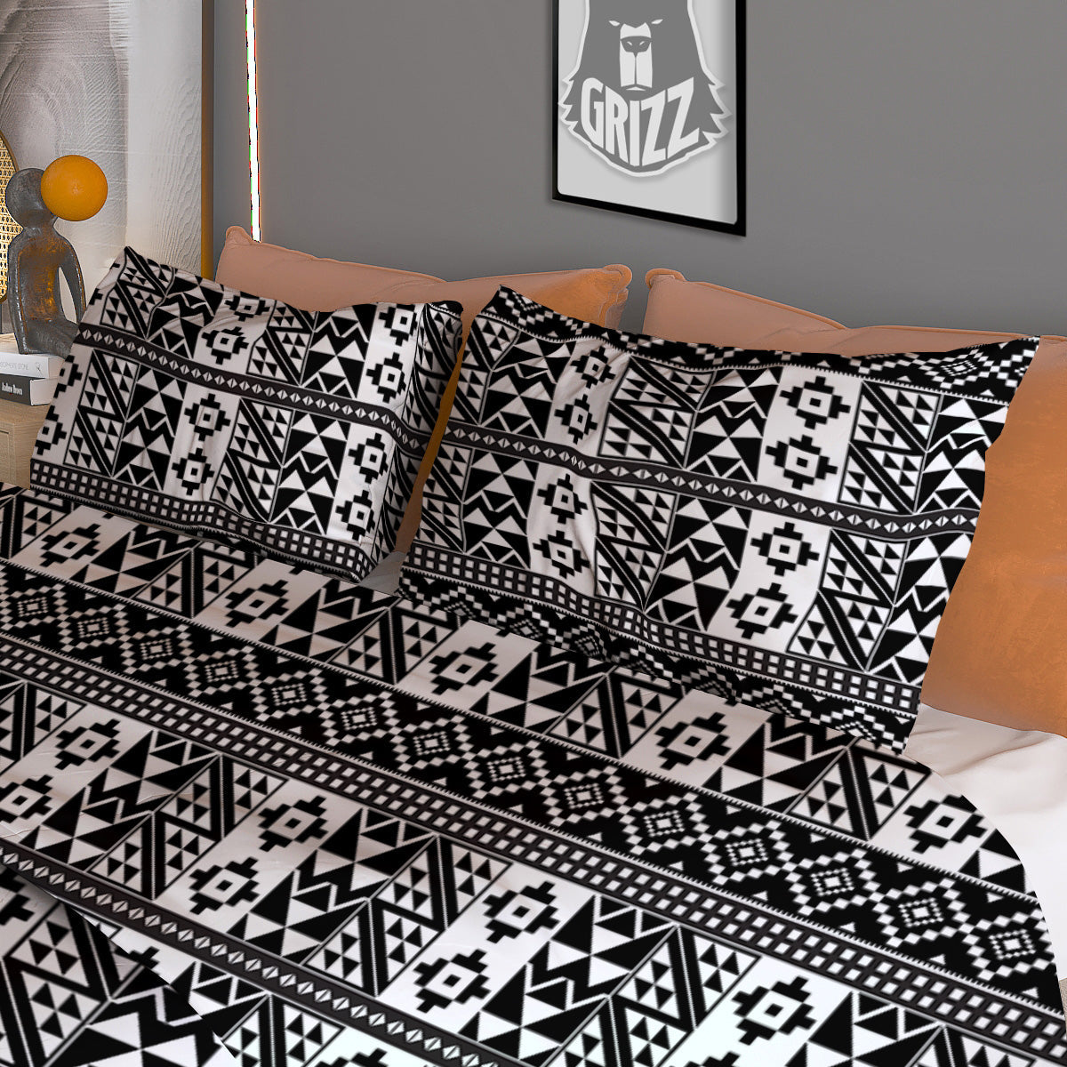 African Inspired White And Black Print Duvet Cover Bedding Set