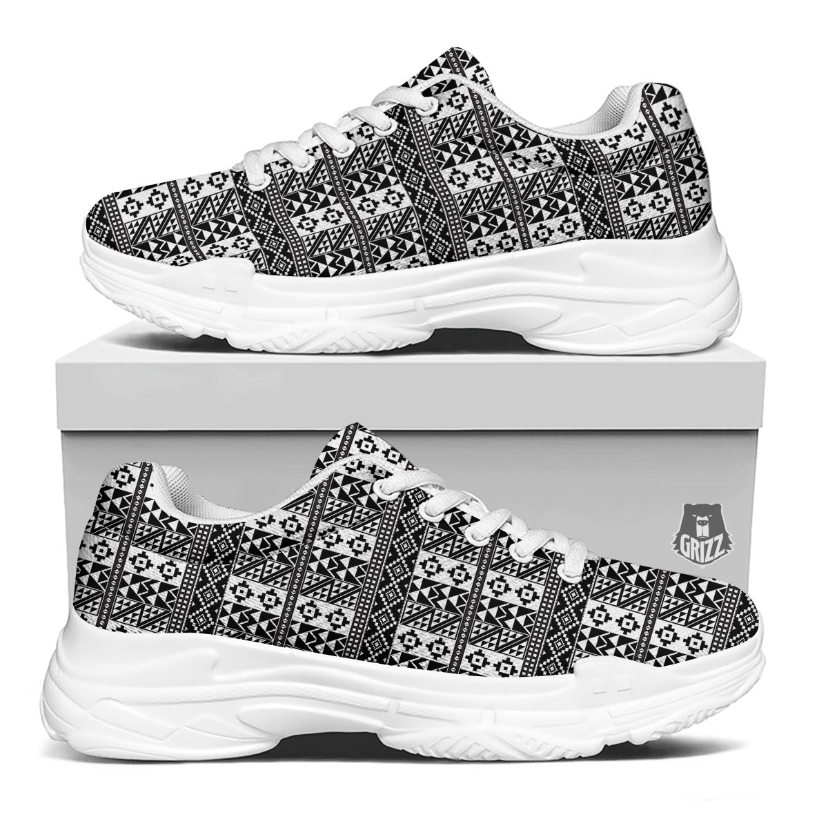 African Inspired White And Black Print White Chunky Shoes-grizzshop