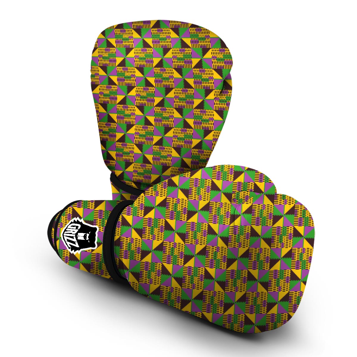 African Kente Pattern Print Green Yellow Boxing Gloves-grizzshop