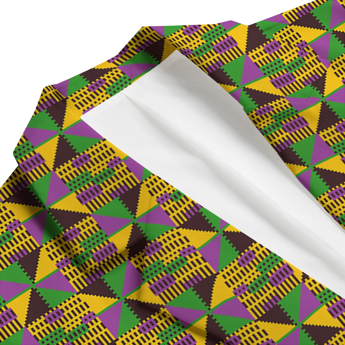 African Kente Pattern Print Green Yellow Men's Blazer-grizzshop
