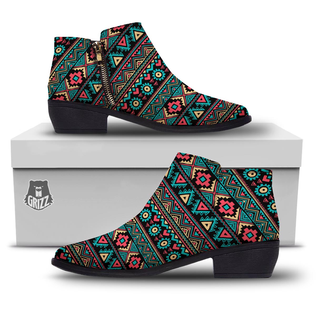 African Tribal Ethnic Print Pattern Ankle Boots-grizzshop