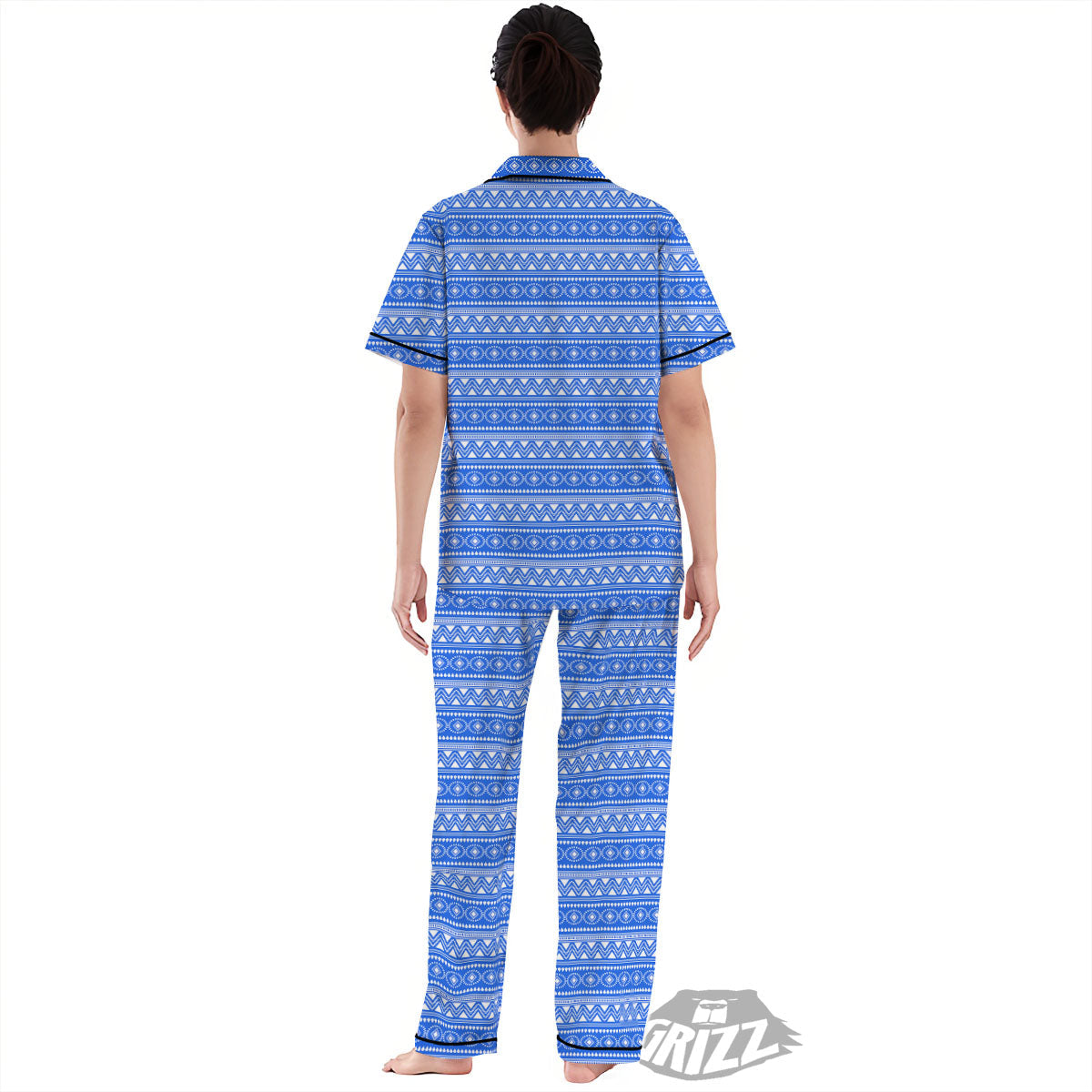 African White And Blue Print Pattern Women's Pajamas Set-grizzshop