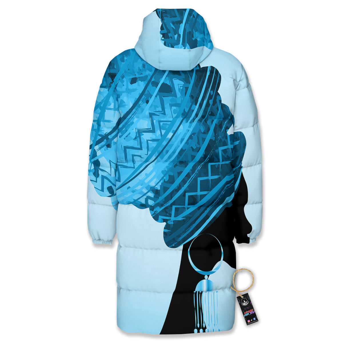African Dashiki Black And Blue Print Long Down Jacket