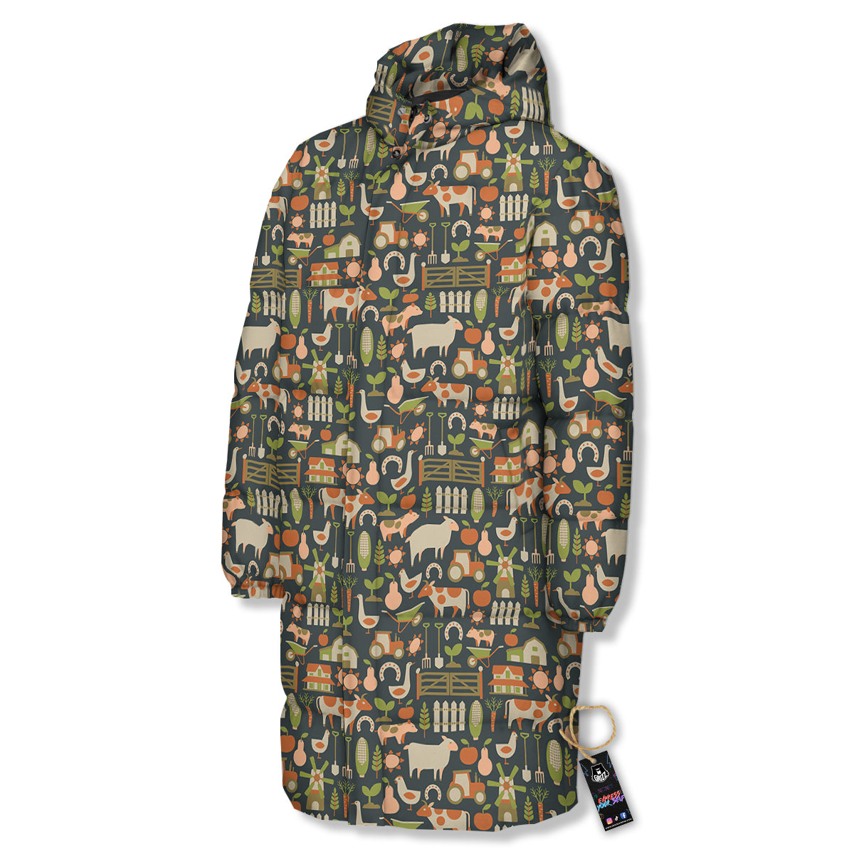 Agriculture Farming Print Pattern Long Down Jacket-grizzshop
