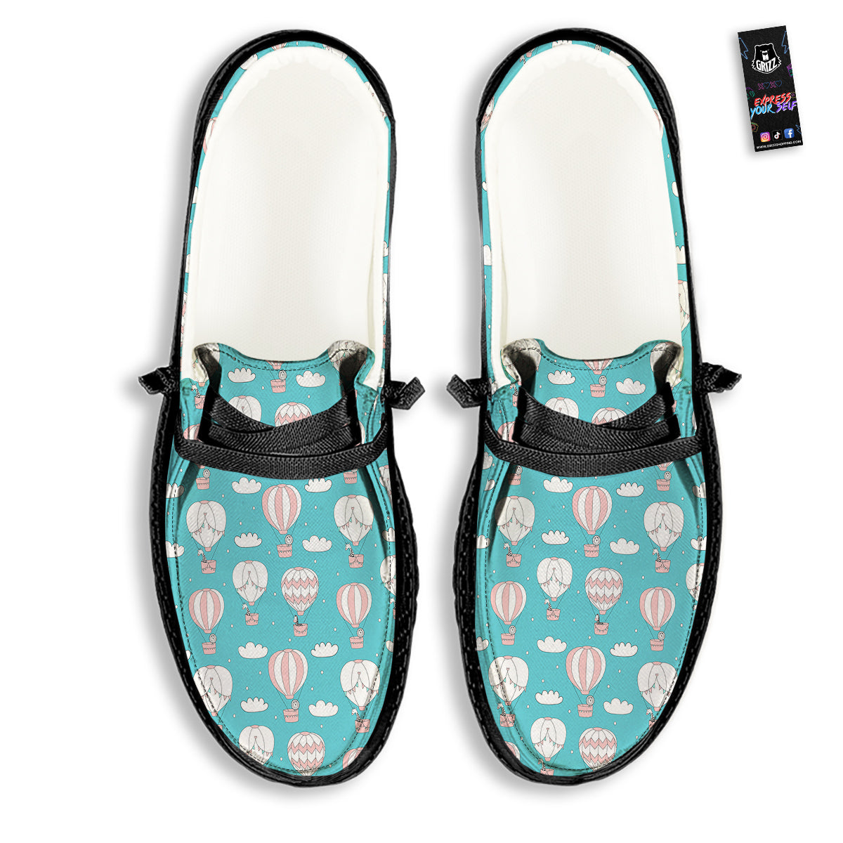 Air Balloon Cartoon Print Pattern Black Loafers-grizzshop
