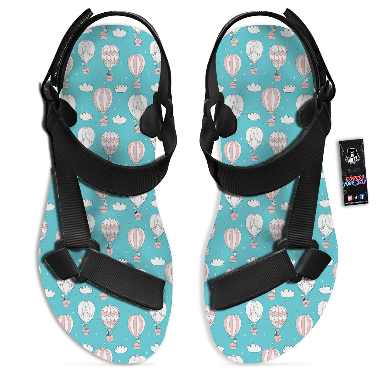 Air Balloon Cartoon Print Pattern Black Open Toe Sandals-grizzshop