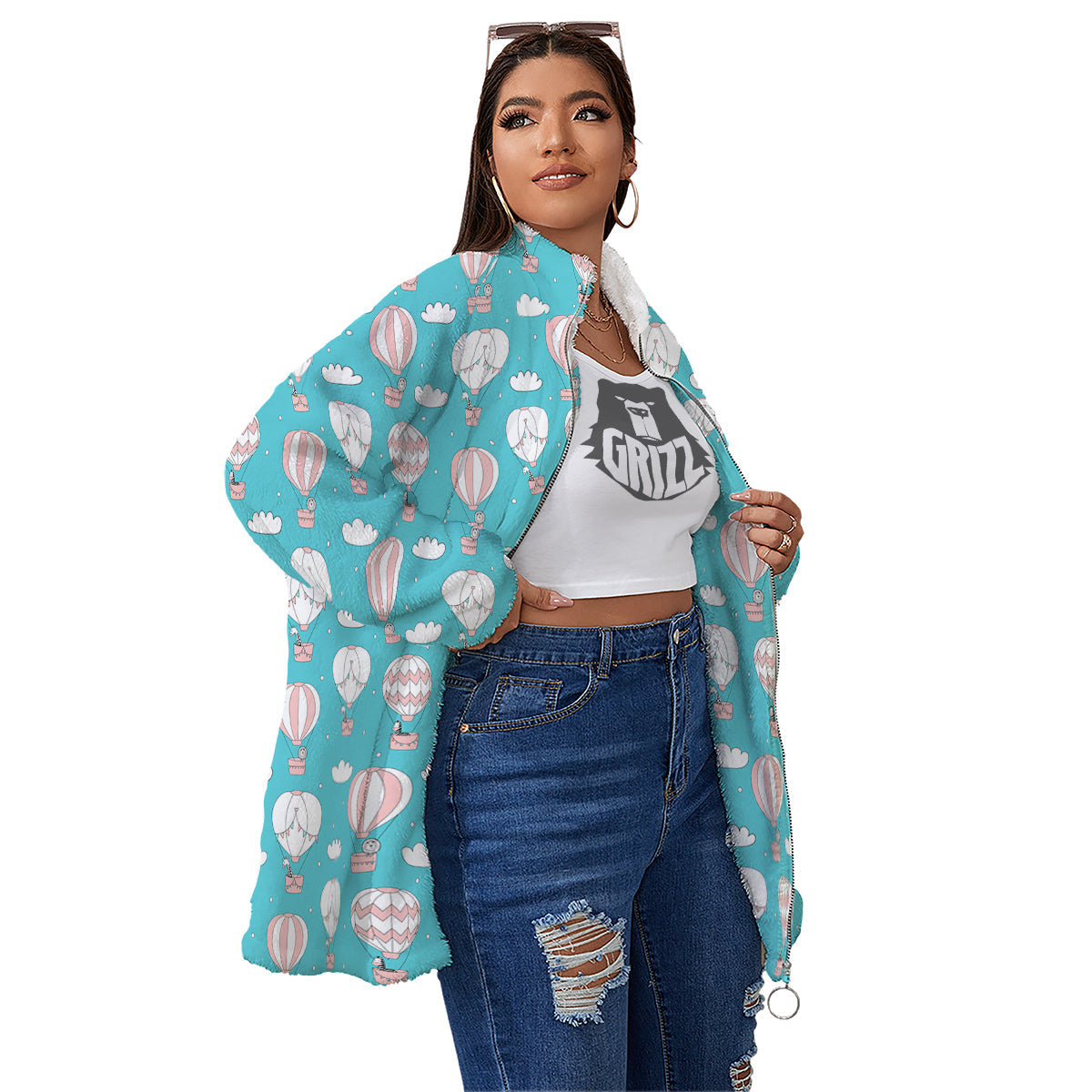 Air Balloon Cartoon Print Pattern Women's Sherpa Jacket-grizzshop