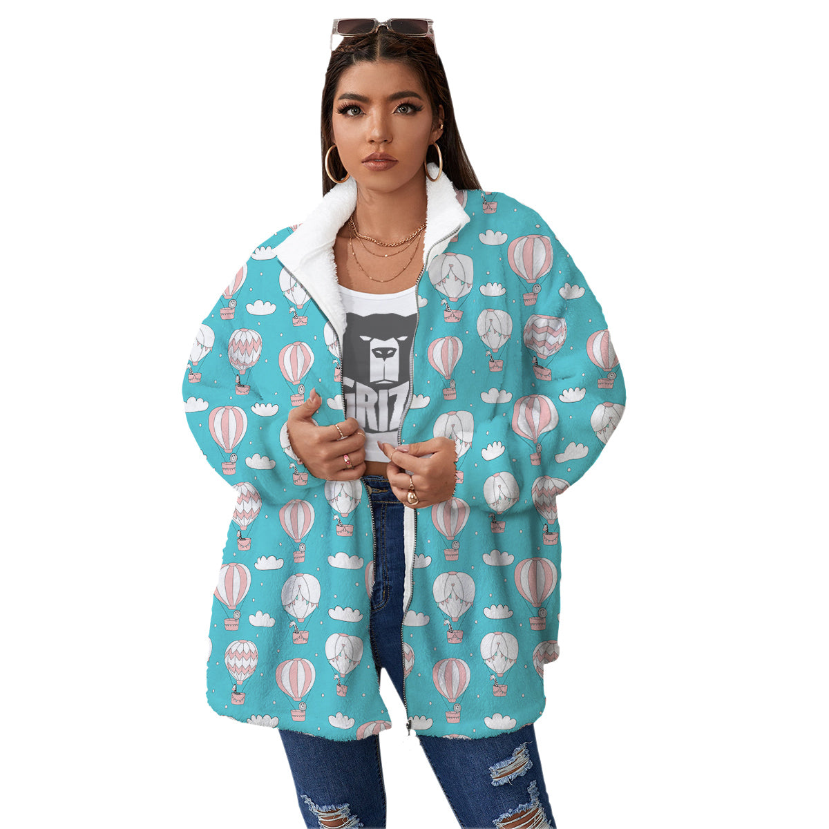Air Balloon Cartoon Print Pattern Women's Sherpa Jacket-grizzshop