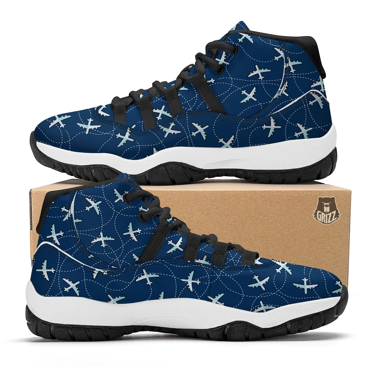 Airplane Print Pattern Black Bball Shoes-grizzshop