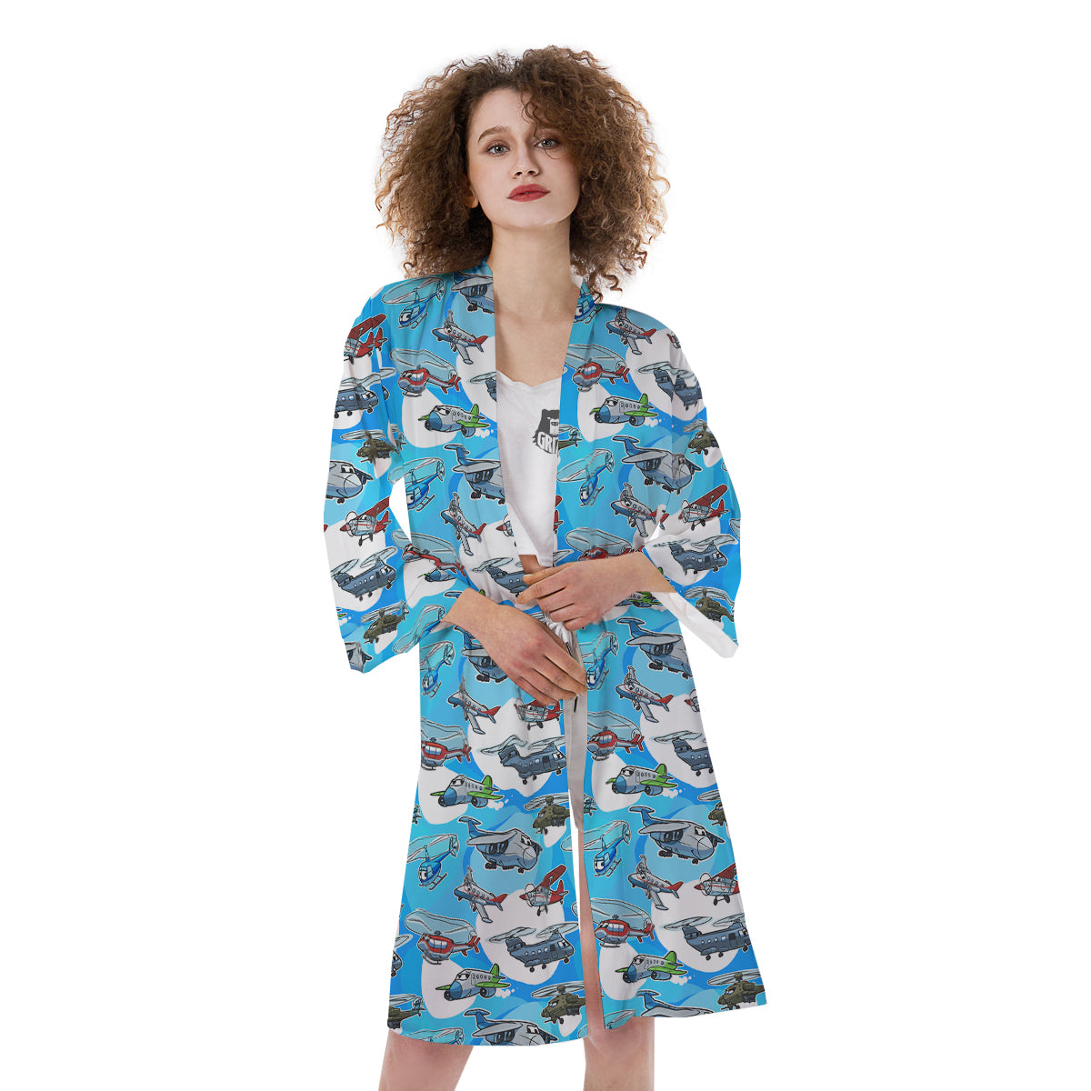Airplanes And Helicopters Cartoon Print Pattern Kimono-grizzshop