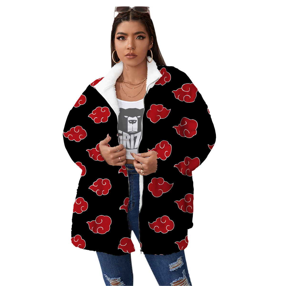 Akatsuki Print Pattern Women's Sherpa Jacket-grizzshop