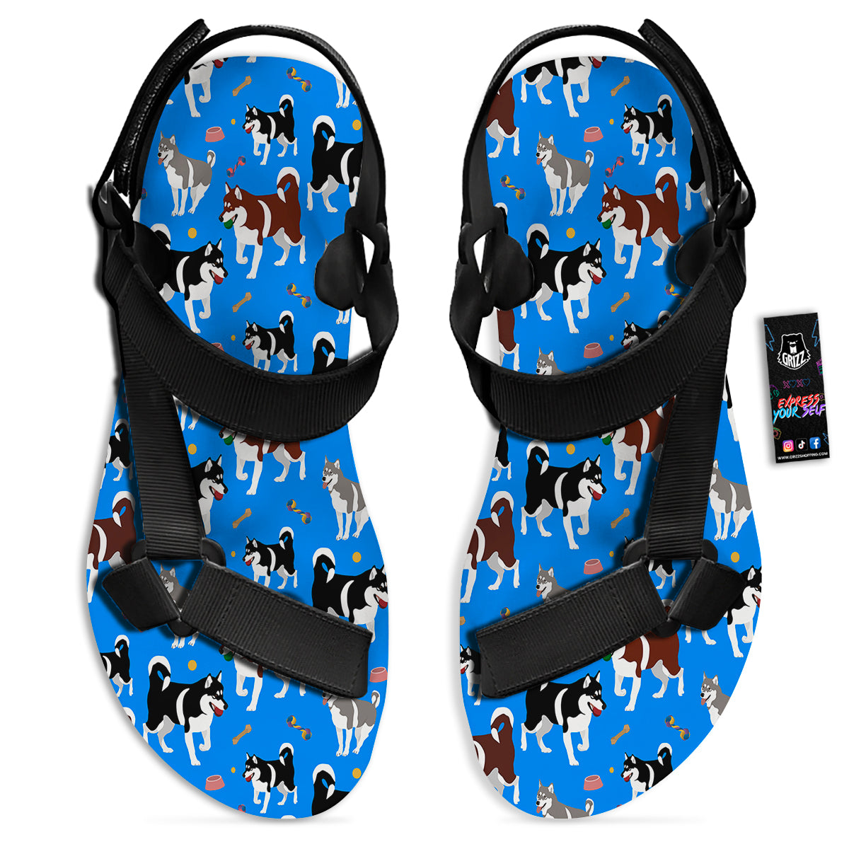 Alaskan Malamute Print Pattern Black Open Toe Sandals-grizzshop