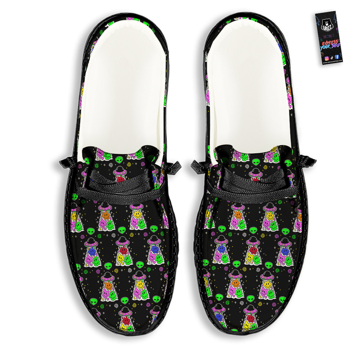 Alien And UFO Trippy Print Pattern Black Loafers-grizzshop