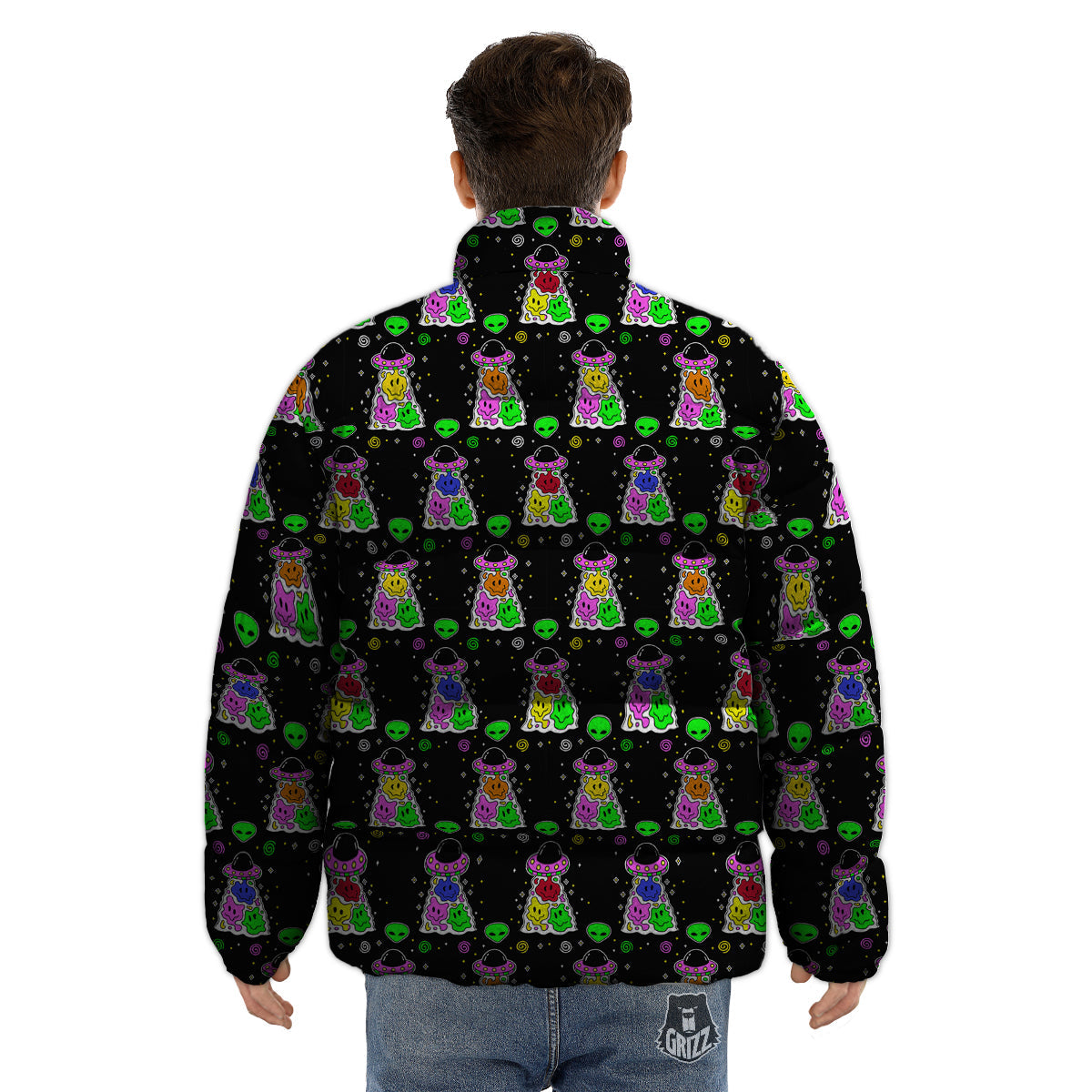 Alien And UFO Trippy Print Pattern Puffer Jacket-grizzshop
