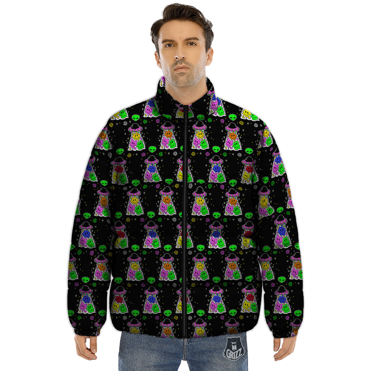 Alien And UFO Trippy Print Pattern Puffer Jacket-grizzshop