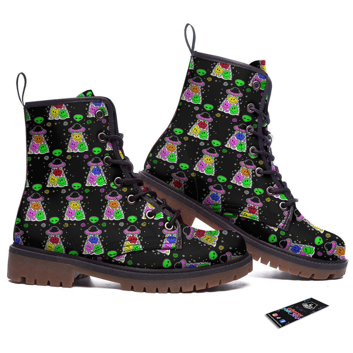 Alien And UFO Trippy Print Pattern Work Boots-grizzshop