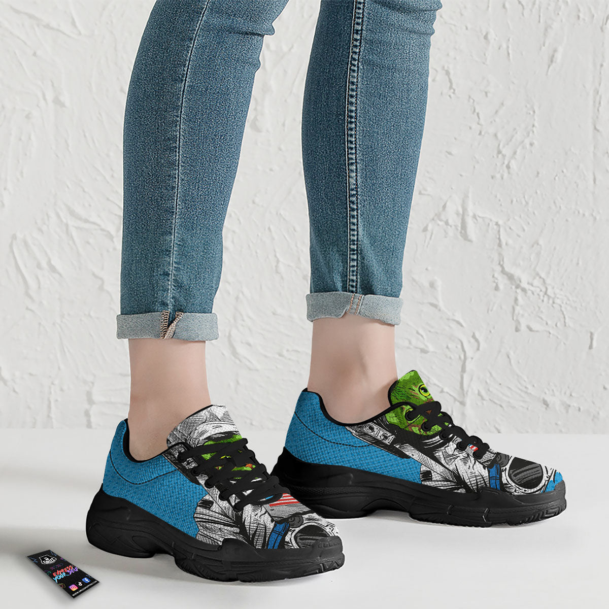 Alien Cat Astronaut Print Black Chunky Shoes-grizzshop