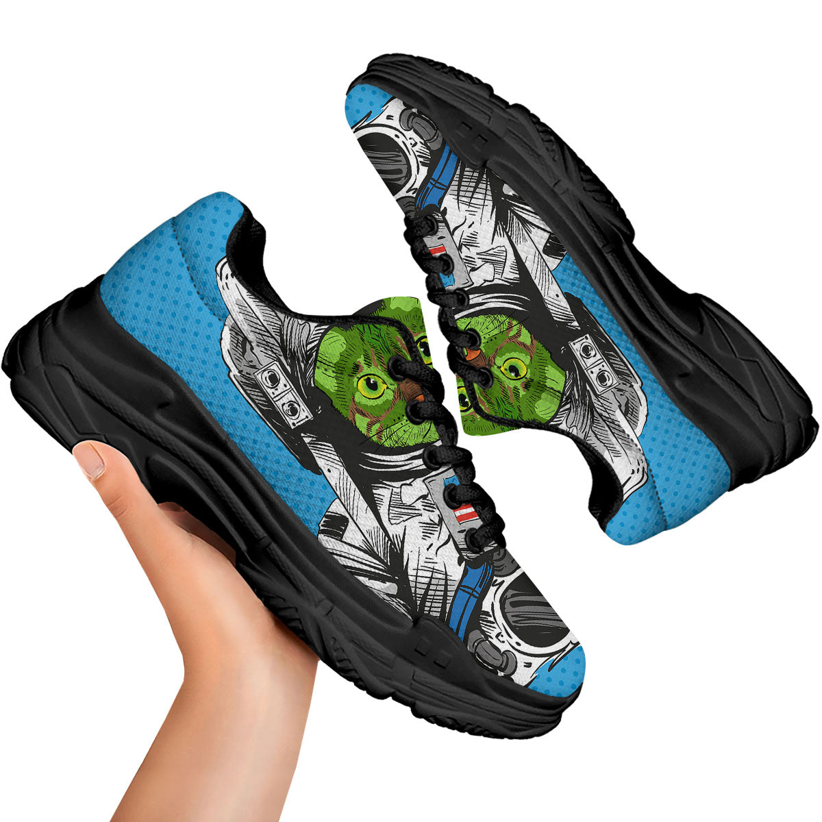 Alien Cat Astronaut Print Black Chunky Shoes-grizzshop