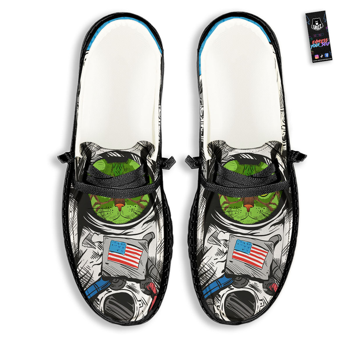 Alien Cat Astronaut Print Black Loafers-grizzshop
