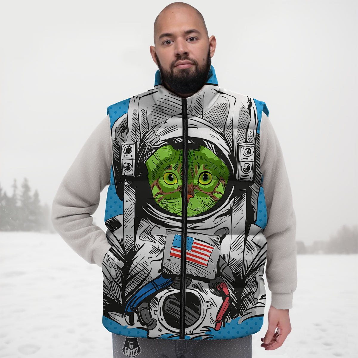 Alien Cat Astronaut Print Down Vest