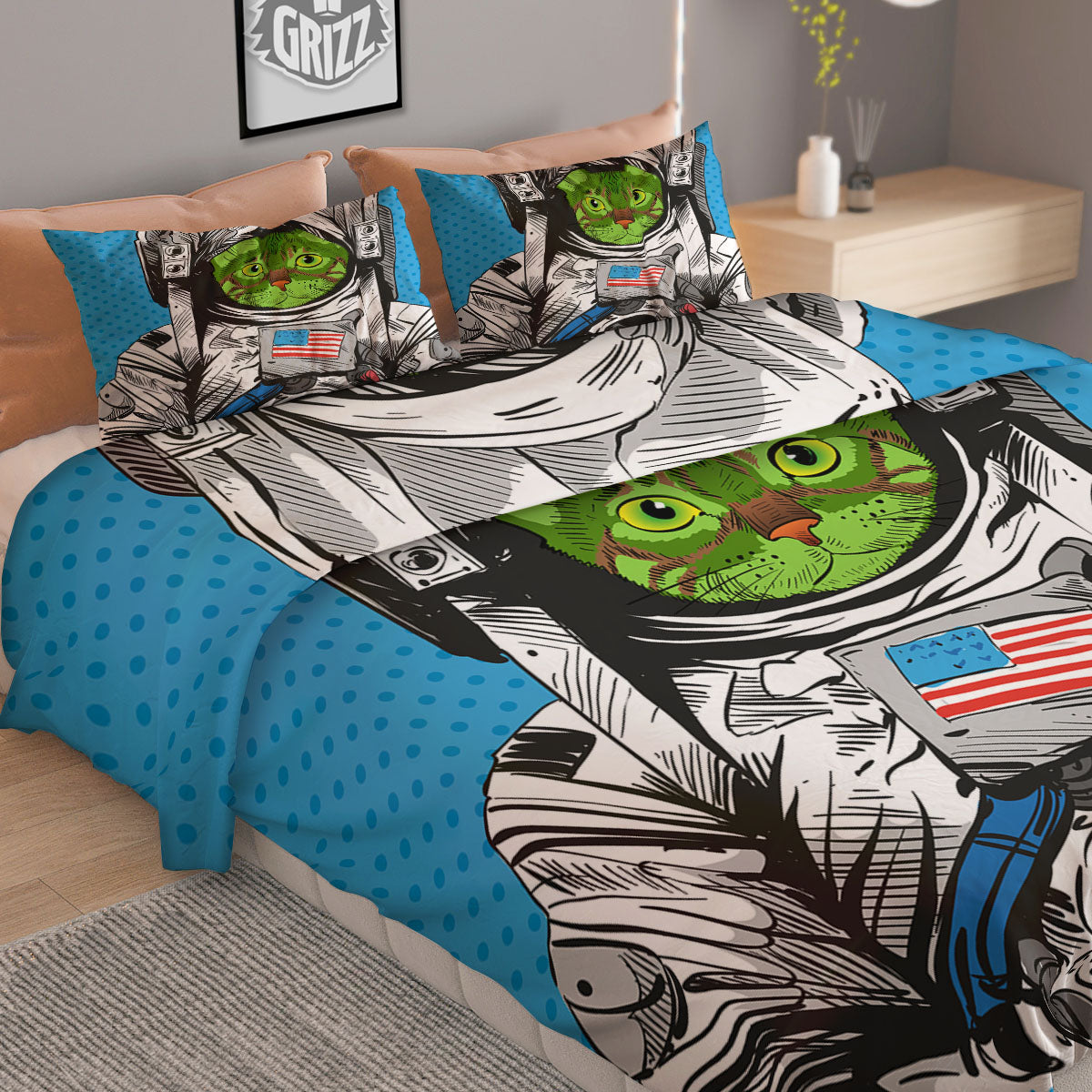 Alien Cat Astronaut Print Duvet Cover Bedding Set
